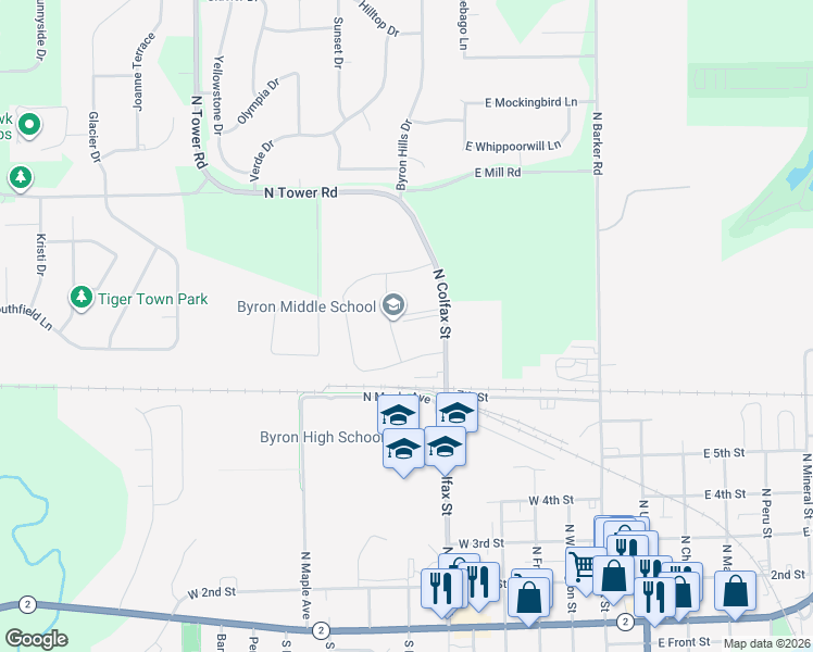 map of restaurants, bars, coffee shops, grocery stores, and more near 507 County Highway 29 in Byron
