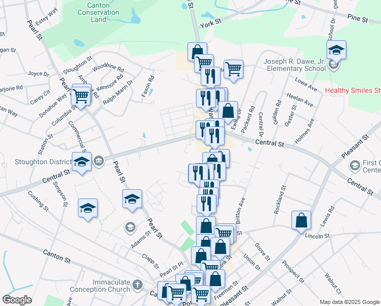 map of restaurants, bars, coffee shops, grocery stores, and more near 30 Welch Avenue in Stoughton