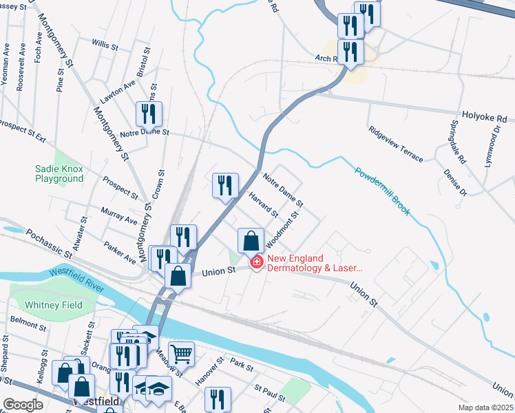 map of restaurants, bars, coffee shops, grocery stores, and more near 36 Westminster Street in Westfield