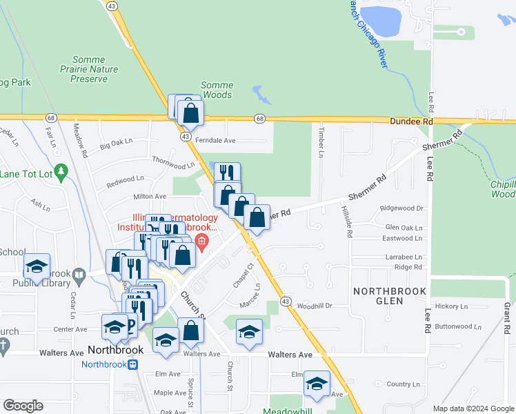 map of restaurants, bars, coffee shops, grocery stores, and more near 1067 Shermer Road in Northbrook