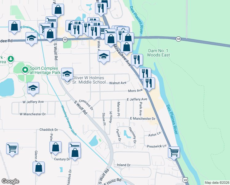 map of restaurants, bars, coffee shops, grocery stores, and more near 290 East Jeffery Avenue in Wheeling