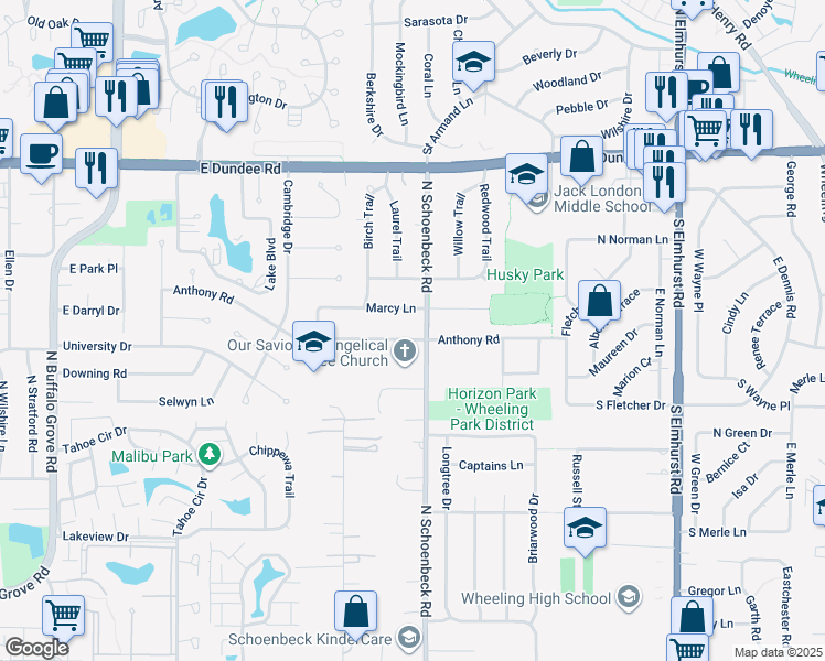 map of restaurants, bars, coffee shops, grocery stores, and more near 1301 Anthony Road in Wheeling