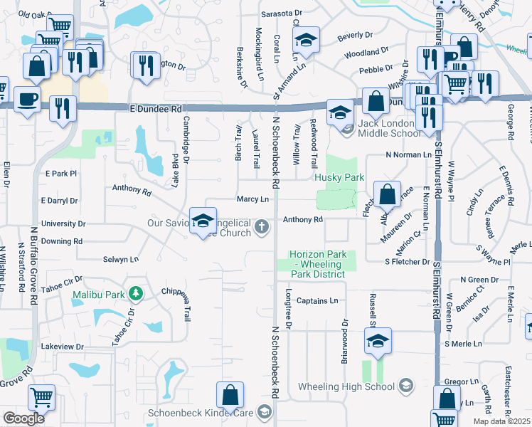 map of restaurants, bars, coffee shops, grocery stores, and more near 1301 Anthony Road in Wheeling