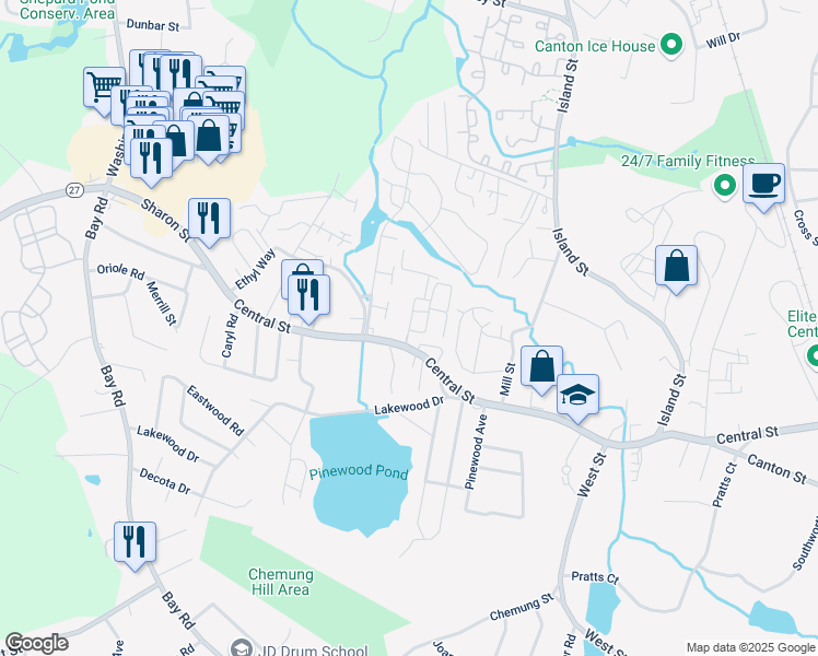 map of restaurants, bars, coffee shops, grocery stores, and more near 16 Wheeler Circle in Stoughton