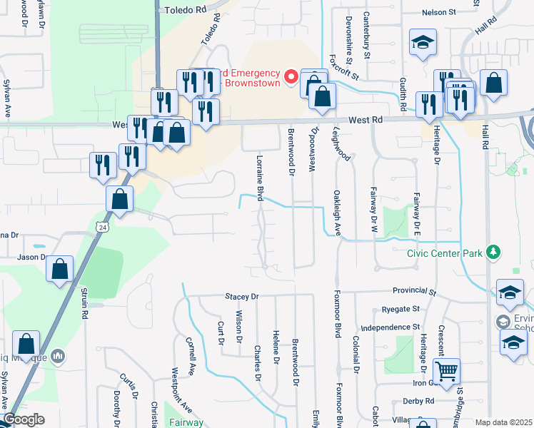 map of restaurants, bars, coffee shops, grocery stores, and more near 23347 Stoflet Lane in Brownstown Charter Township
