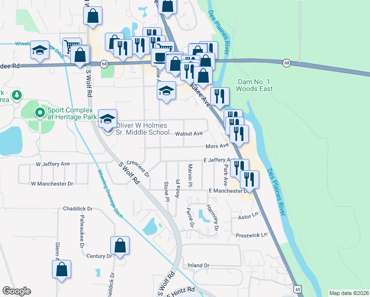 map of restaurants, bars, coffee shops, grocery stores, and more near 290 East Jeffery Avenue in Wheeling