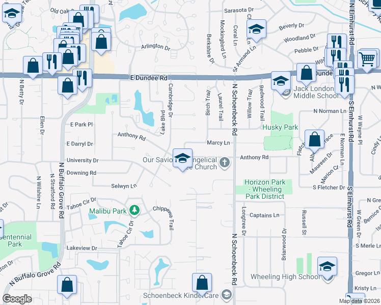 map of restaurants, bars, coffee shops, grocery stores, and more near 1421 Anthony Road in Wheeling