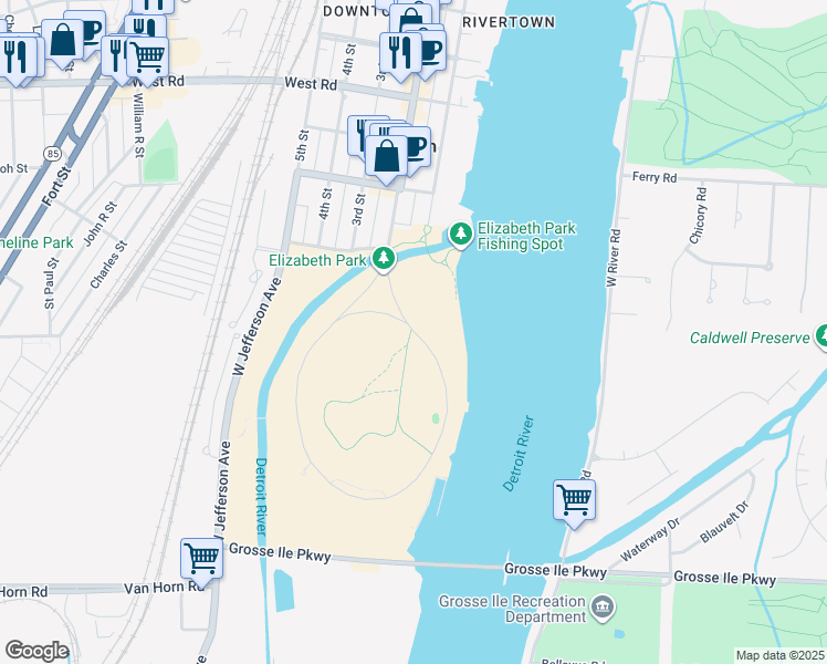 map of restaurants, bars, coffee shops, grocery stores, and more near Elizabeth Park Drive in Trenton