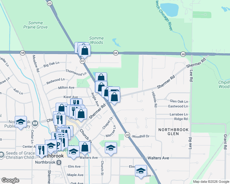 map of restaurants, bars, coffee shops, grocery stores, and more near 1067 Shermer Road in Northbrook