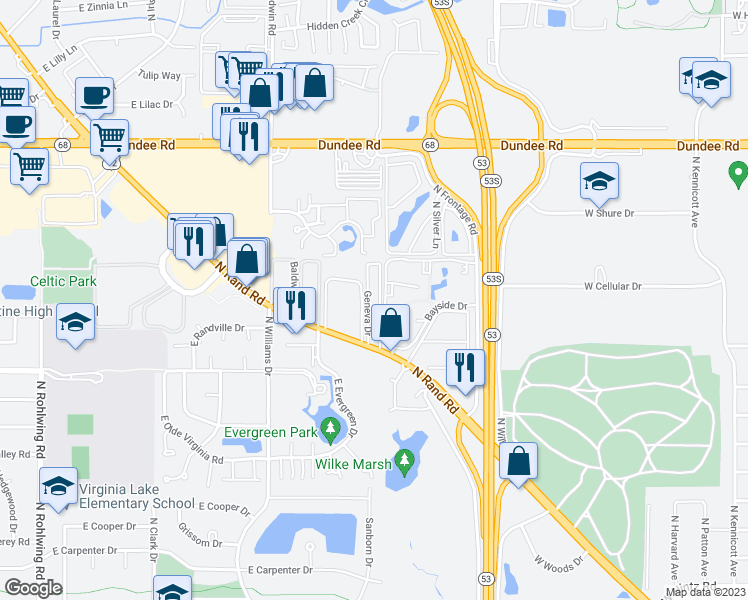 map of restaurants, bars, coffee shops, grocery stores, and more near 1312 Geneva Drive in Palatine
