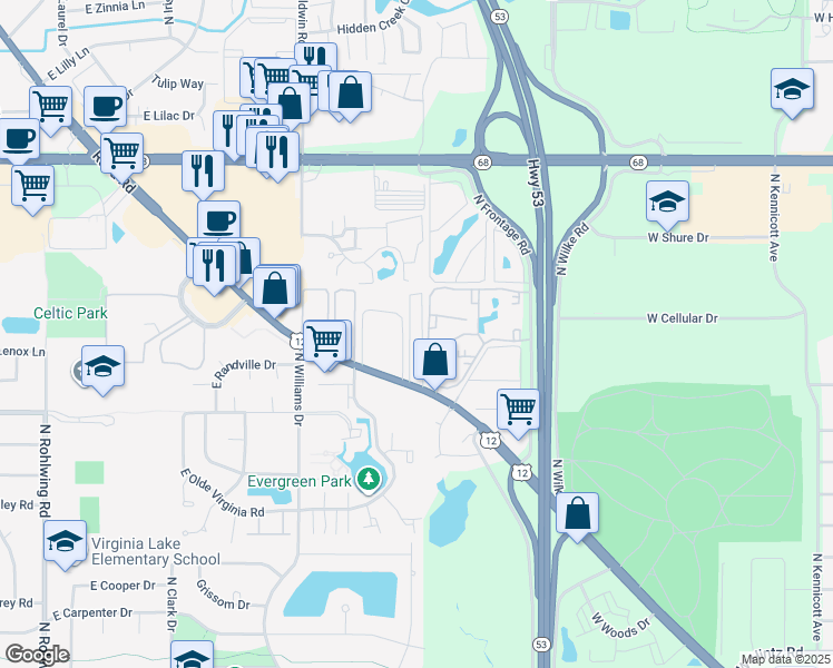 map of restaurants, bars, coffee shops, grocery stores, and more near 1312 Geneva Drive in Palatine