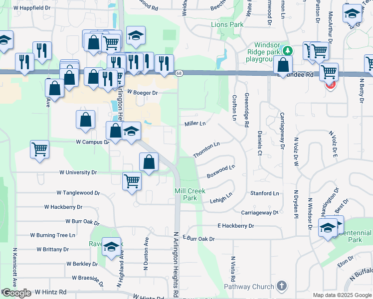 map of restaurants, bars, coffee shops, grocery stores, and more near 974 Thornton Lane in Buffalo Grove