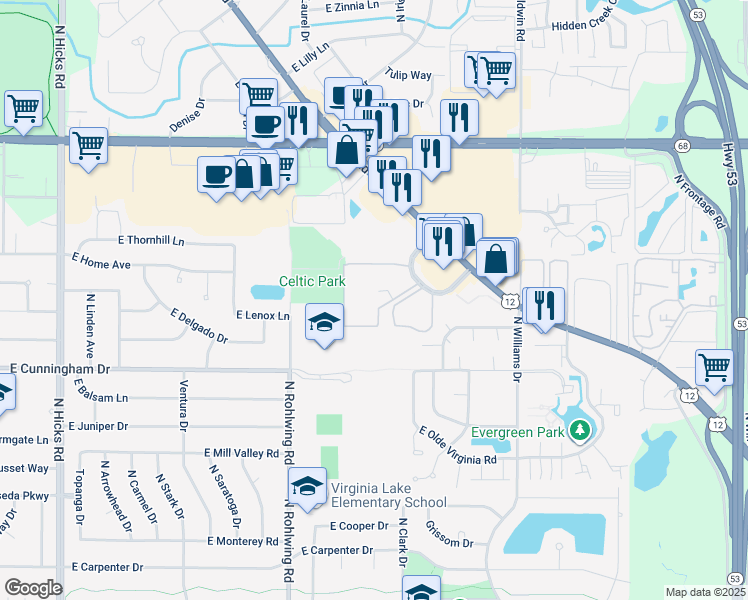 map of restaurants, bars, coffee shops, grocery stores, and more near 1461 North Winslowe Drive in Palatine