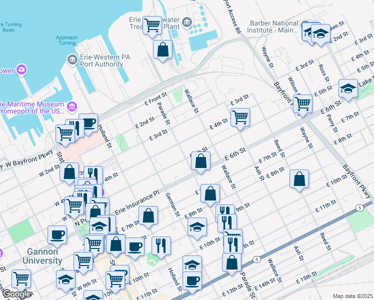 map of restaurants, bars, coffee shops, grocery stores, and more near 502 Parade Street in Erie