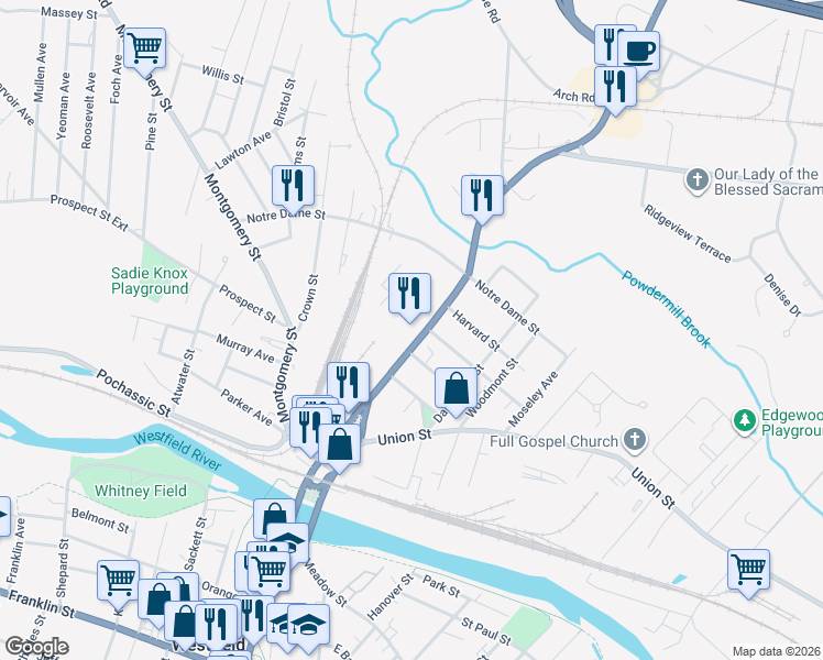 map of restaurants, bars, coffee shops, grocery stores, and more near 182 North Elm Street in Westfield
