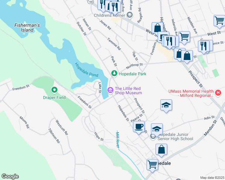 map of restaurants, bars, coffee shops, grocery stores, and more near 12 Hopedale Street in Hopedale