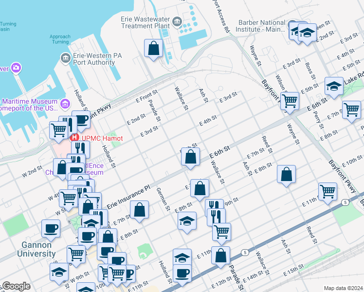 map of restaurants, bars, coffee shops, grocery stores, and more near 502 Parade Street in Erie
