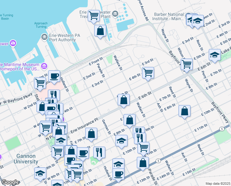 map of restaurants, bars, coffee shops, grocery stores, and more near 502 Parade Street in Erie