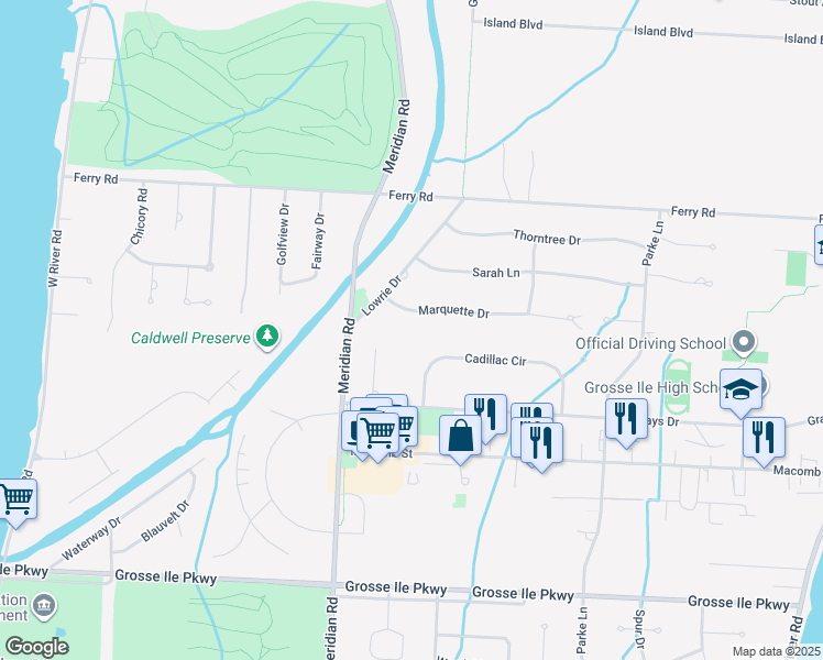 map of restaurants, bars, coffee shops, grocery stores, and more near 24364 Rivard Court in Grosse Ile Township