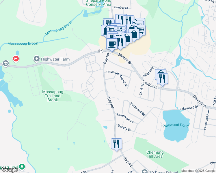 map of restaurants, bars, coffee shops, grocery stores, and more near 202 Bay Road in Stoughton