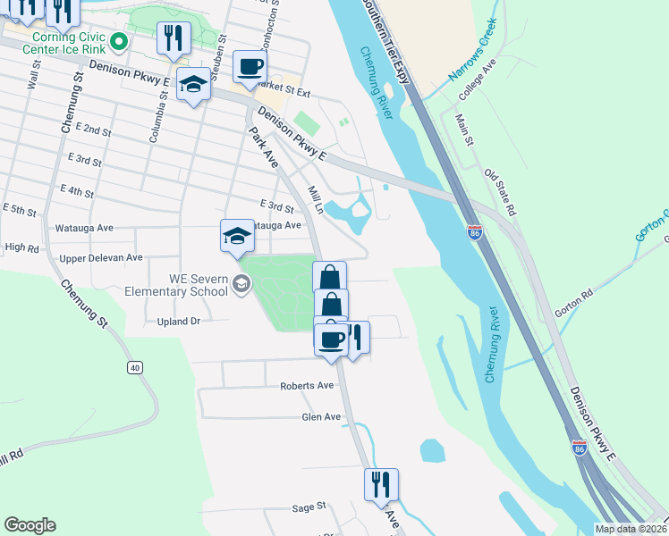 map of restaurants, bars, coffee shops, grocery stores, and more near 316-320 Park Ave in Corning