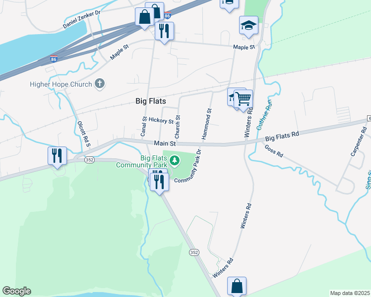 map of restaurants, bars, coffee shops, grocery stores, and more near Community Park Dr in Big Flats