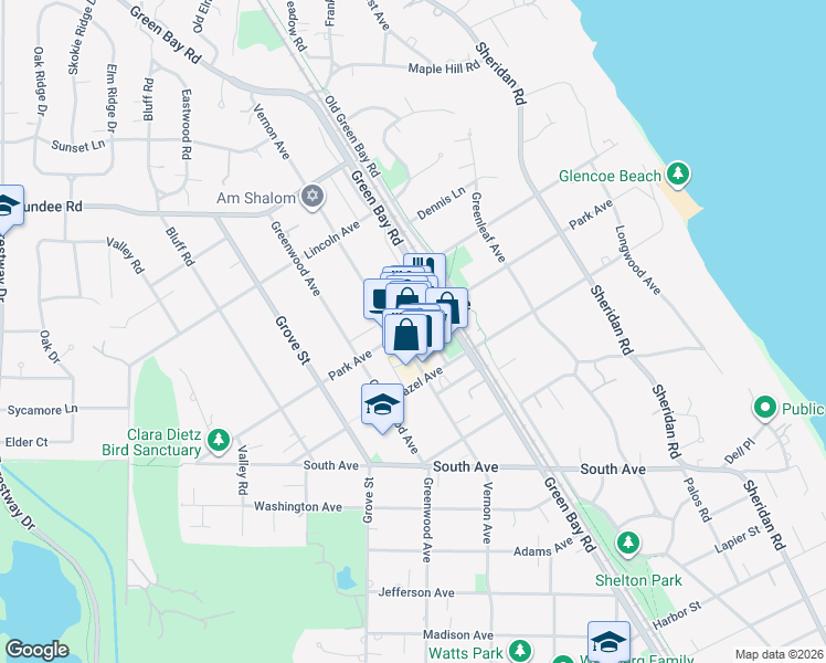 map of restaurants, bars, coffee shops, grocery stores, and more near 340 Park Avenue in Glencoe