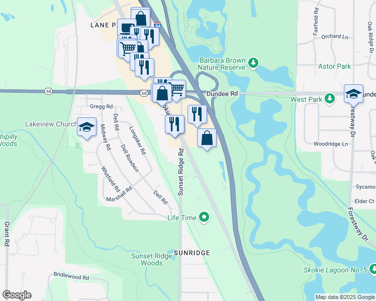 map of restaurants, bars, coffee shops, grocery stores, and more near Skokie Boulevard in Northbrook