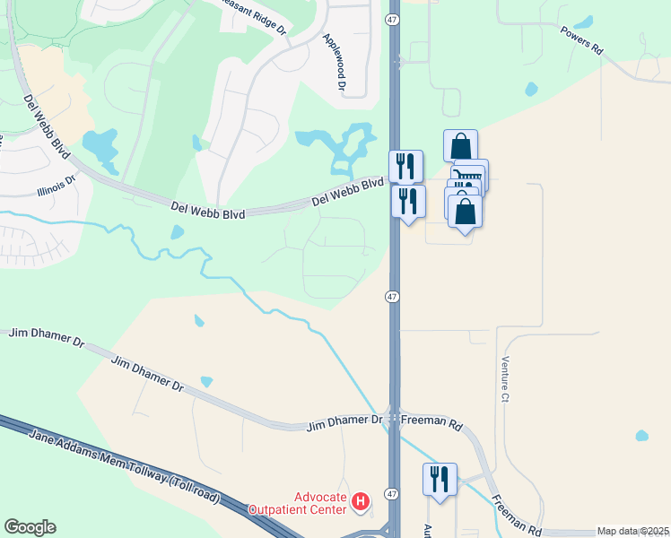 map of restaurants, bars, coffee shops, grocery stores, and more near 12250 Songbird Lane in Huntley