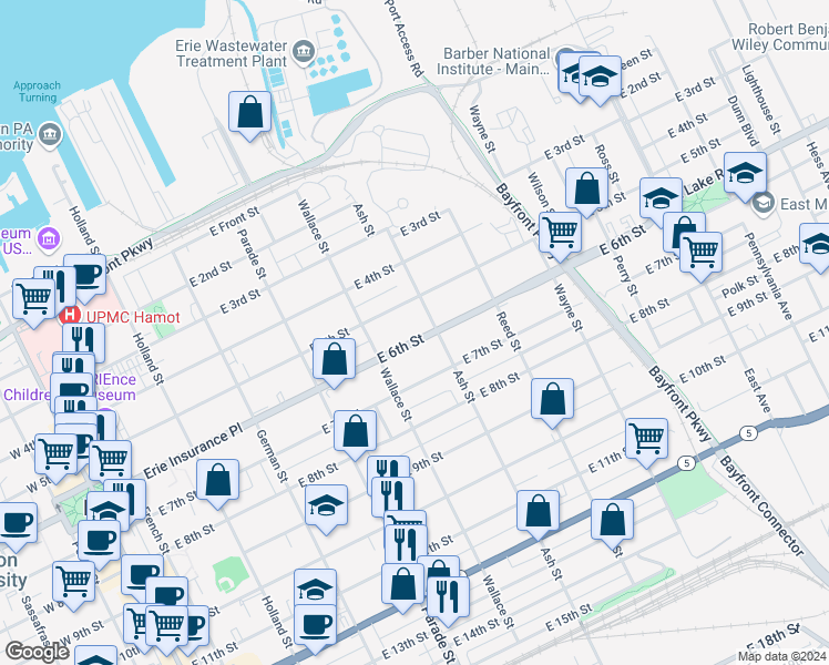map of restaurants, bars, coffee shops, grocery stores, and more near 544 East 6th Street in Erie