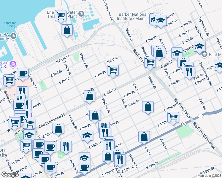 map of restaurants, bars, coffee shops, grocery stores, and more near 544 East 6th Street in Erie