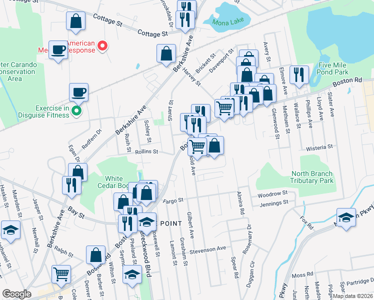 map of restaurants, bars, coffee shops, grocery stores, and more near 641 Boston Road in Springfield