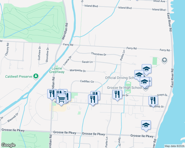 map of restaurants, bars, coffee shops, grocery stores, and more near 8762 Marquette Drive in Grosse Ile Township