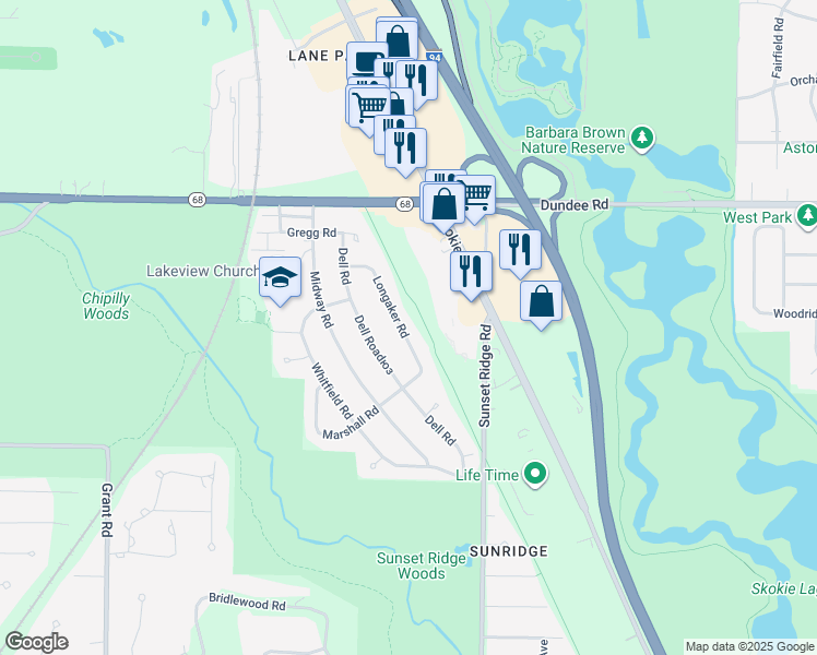 map of restaurants, bars, coffee shops, grocery stores, and more near 1011 Longaker Road in Northbrook