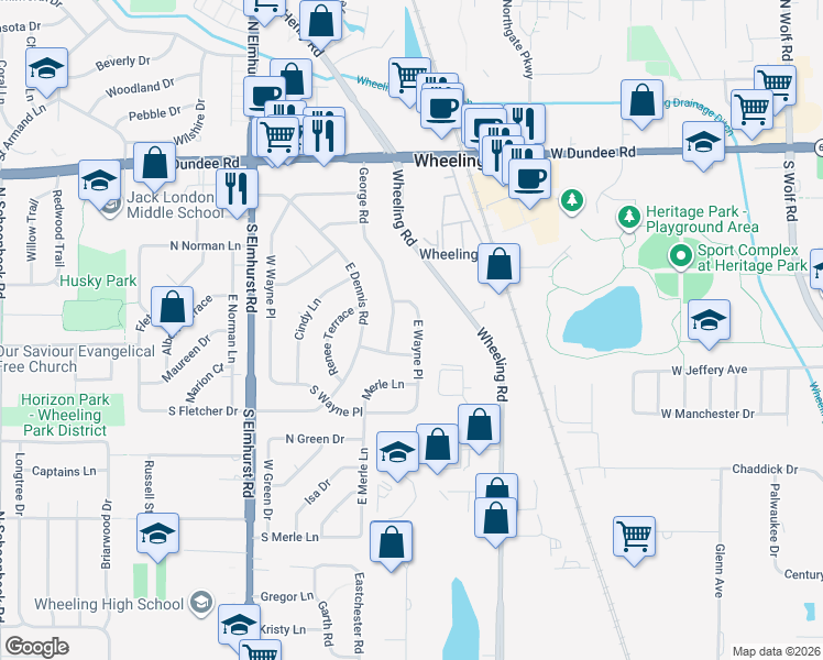 map of restaurants, bars, coffee shops, grocery stores, and more near 254 East Wayne Place in Wheeling
