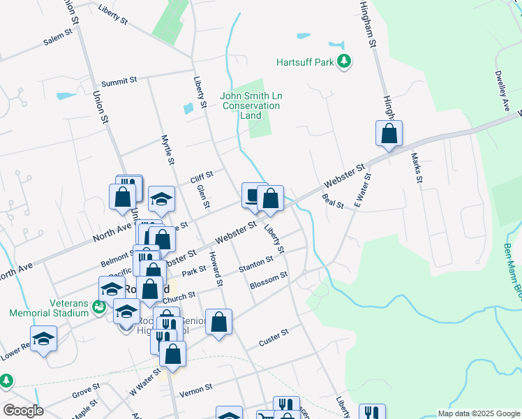 map of restaurants, bars, coffee shops, grocery stores, and more near 425 Liberty Street in Rockland