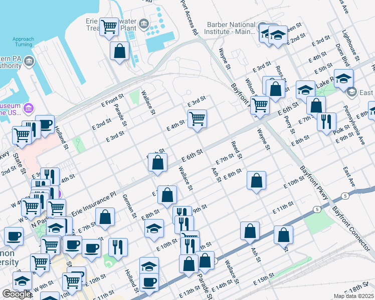 map of restaurants, bars, coffee shops, grocery stores, and more near 553 East 5th Street in Erie