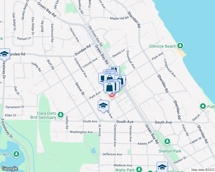 map of restaurants, bars, coffee shops, grocery stores, and more near 343 Park Avenue in Glencoe