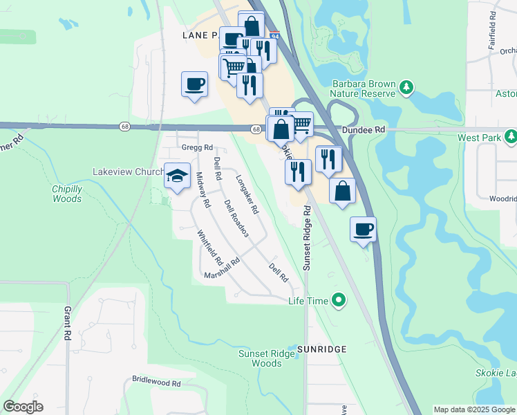 map of restaurants, bars, coffee shops, grocery stores, and more near 1011 Longaker Road in Northbrook