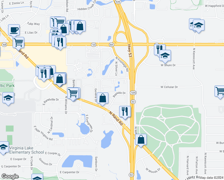 map of restaurants, bars, coffee shops, grocery stores, and more near 3100 Bayside Drive in Palatine
