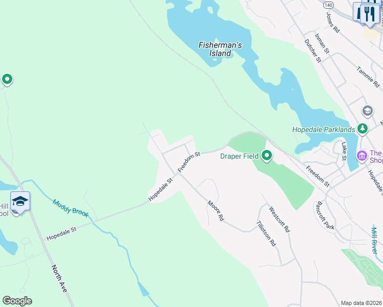 map of restaurants, bars, coffee shops, grocery stores, and more near 7 Western Avenue in Hopedale