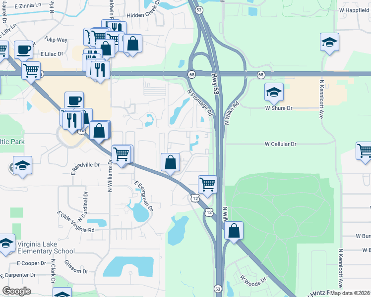 map of restaurants, bars, coffee shops, grocery stores, and more near 3100 Bayside Drive in Palatine