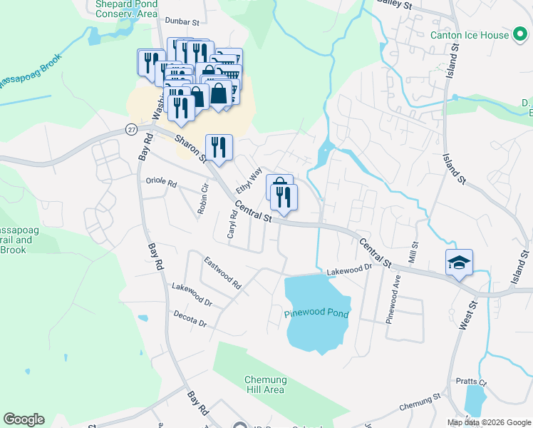 map of restaurants, bars, coffee shops, grocery stores, and more near 34 Henry Street in Stoughton