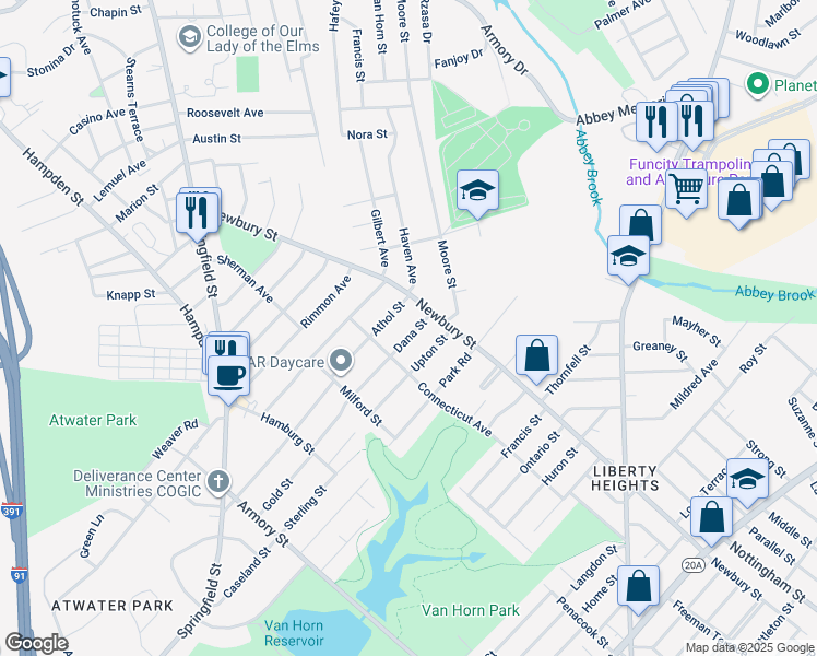map of restaurants, bars, coffee shops, grocery stores, and more near 29 Dana Street in Springfield