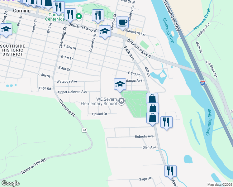 map of restaurants, bars, coffee shops, grocery stores, and more near 51 McMahon Avenue in Corning