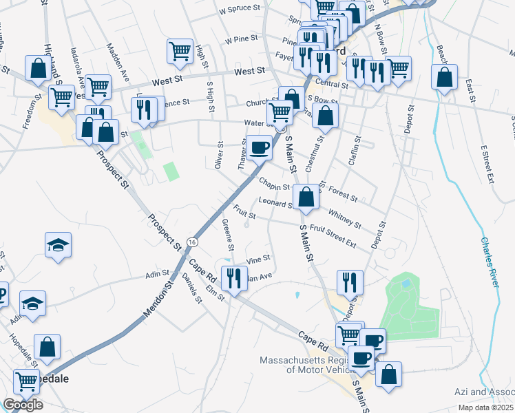 map of restaurants, bars, coffee shops, grocery stores, and more near 18 Leonard Street in Milford