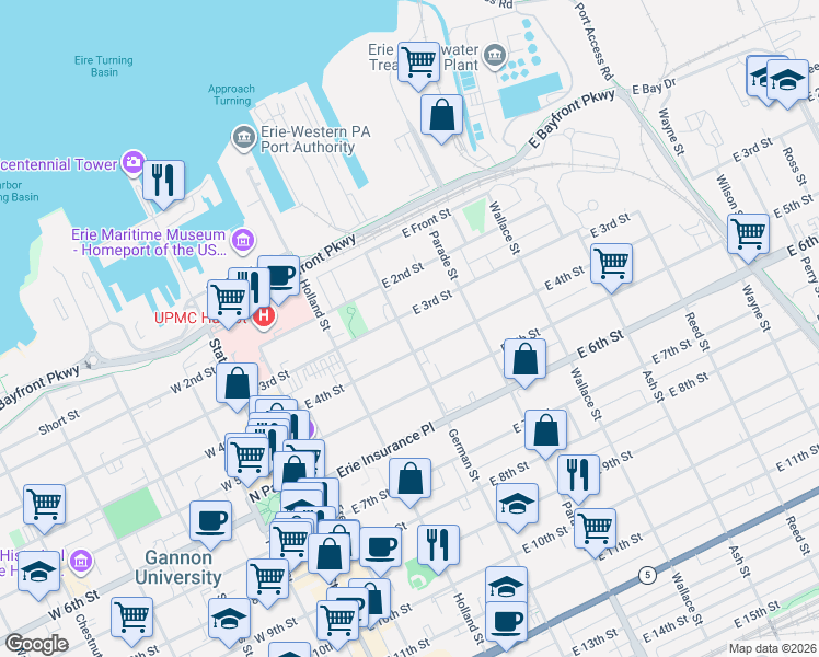 map of restaurants, bars, coffee shops, grocery stores, and more near 316 East 3rd Street in Erie