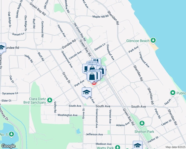 map of restaurants, bars, coffee shops, grocery stores, and more near 343 Park Avenue in Glencoe