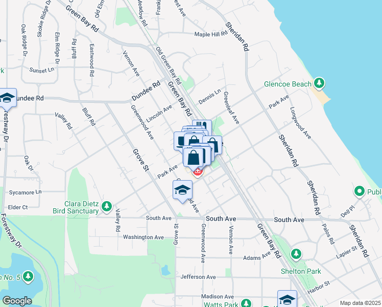 map of restaurants, bars, coffee shops, grocery stores, and more near 343 Park Avenue in Glencoe