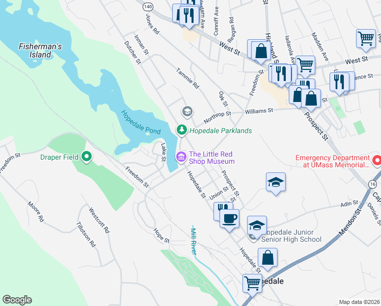map of restaurants, bars, coffee shops, grocery stores, and more near 65 Dutcher Street in Hopedale